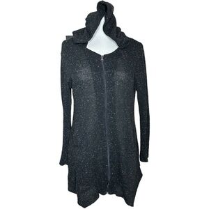 Yak N Yeti Long Knit Speckled Black Front Zip Pockets Hoodie L